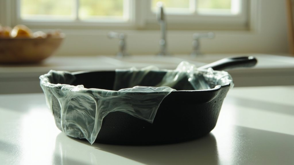 plastique fondu sur poêle en fonte : 2 méthodes sûres