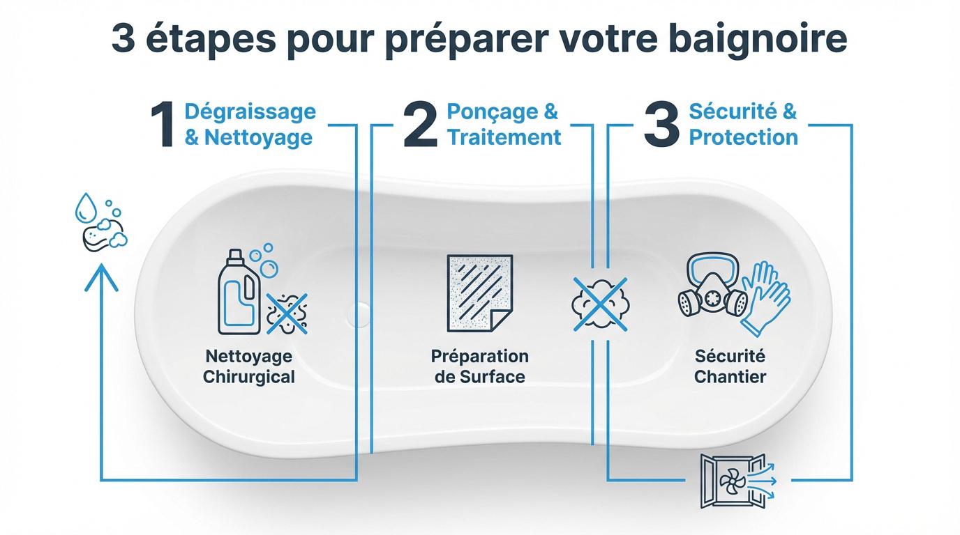 Préparation minutieuse d'une baignoire avant l'application de la peinture résine