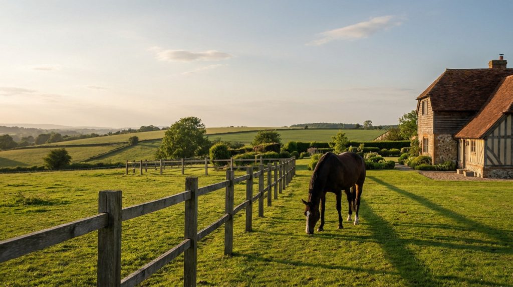 Un cheval marron broute dans un pré vert avec une clôture en bois, une maison de campagne et des collines au loin.