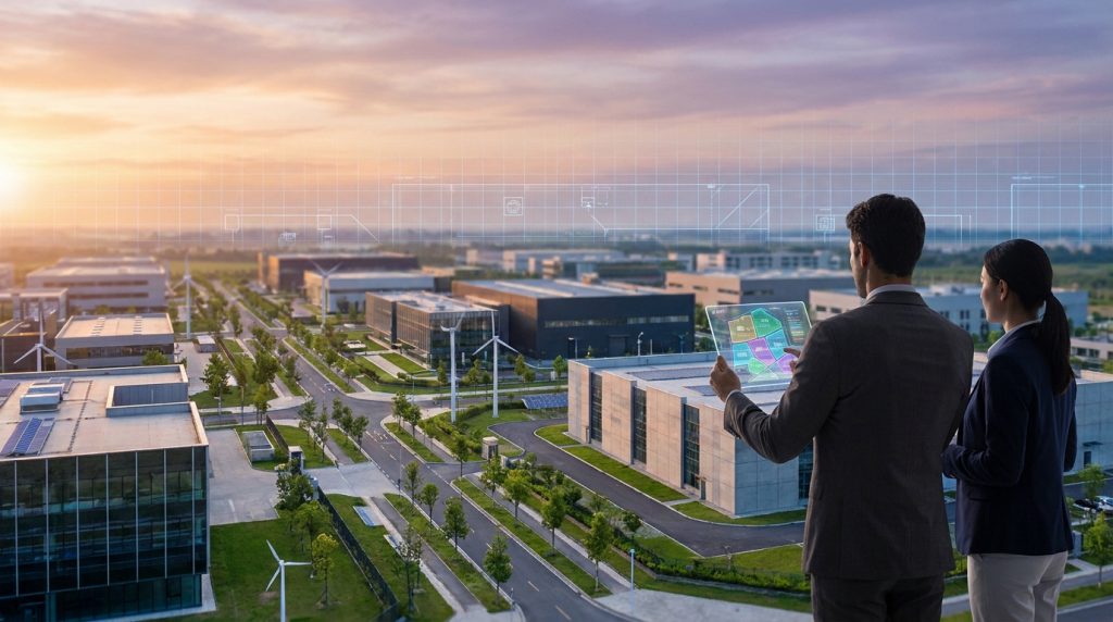 Deux personnes analysent un parc industriel moderne avec éoliennes et panneaux solaires via une tablette transparente.