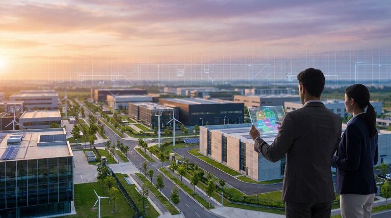 Deux personnes analysent un parc industriel moderne avec éoliennes et panneaux solaires via une tablette transparente.