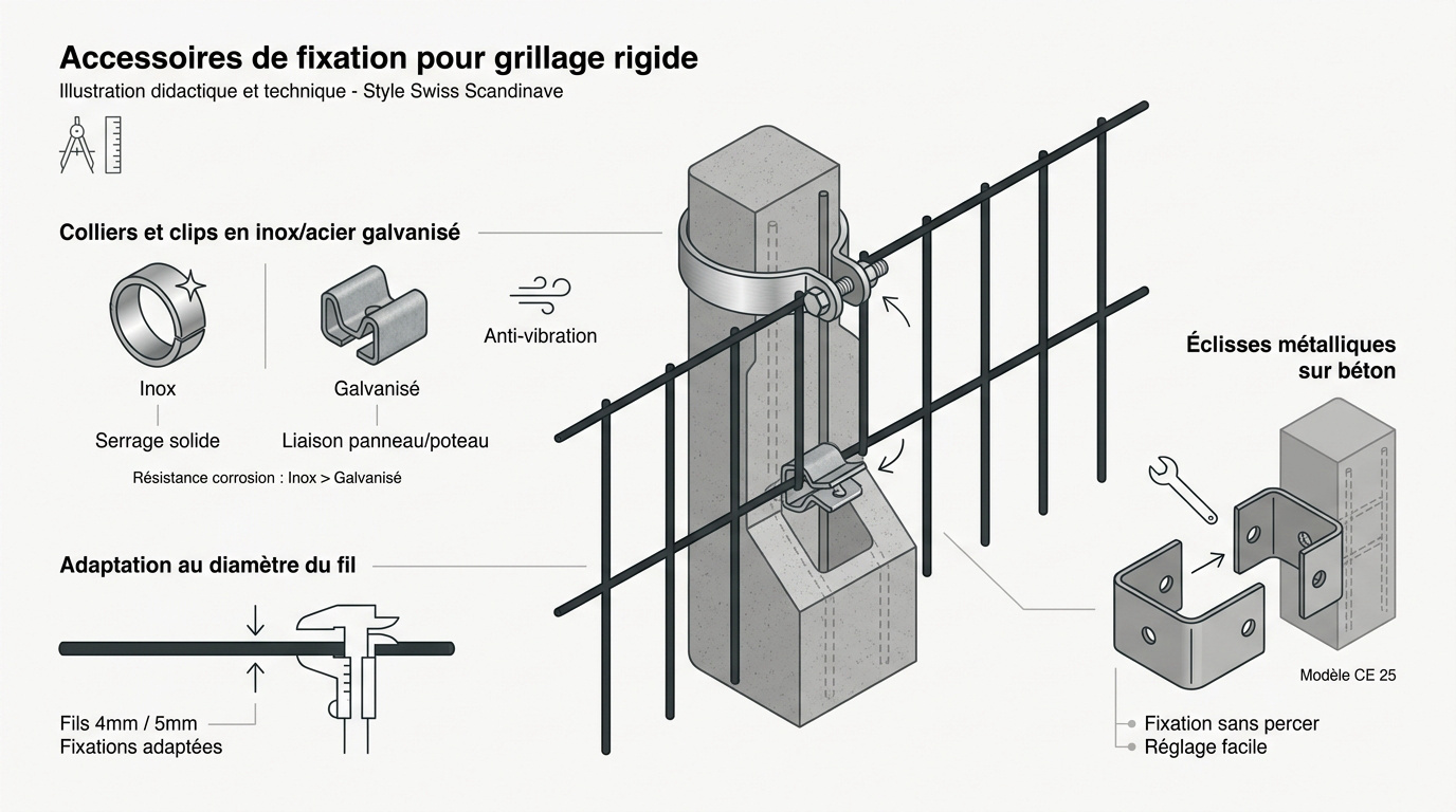 Accessoires de fixation pour grillage rigide sur poteau en béton