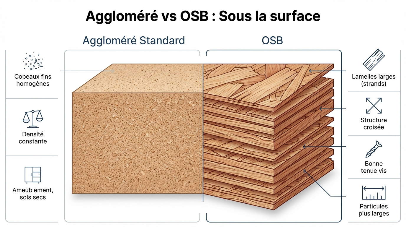 Comparaison de la structure interne entre un panneau aggloméré et un panneau OSB