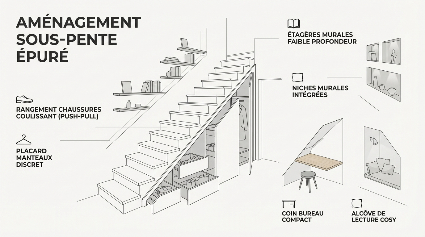 Aménagement épuré d'un espace de rangement sous un escalier avec étagères et placards blancs