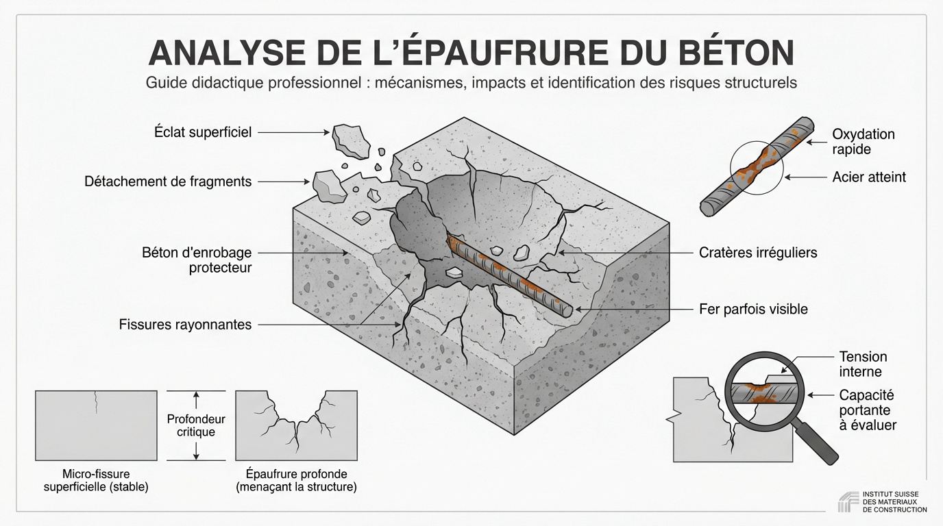 Analyse visuelle d'une épaufrure de béton avec armatures exposées