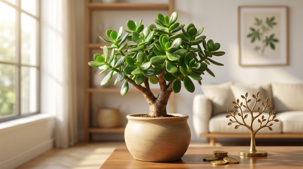 Arbre de jade luxuriant en pot sur une table en bois avec des pièces d'or et un arbre décoratif, dans un salon lumineux.