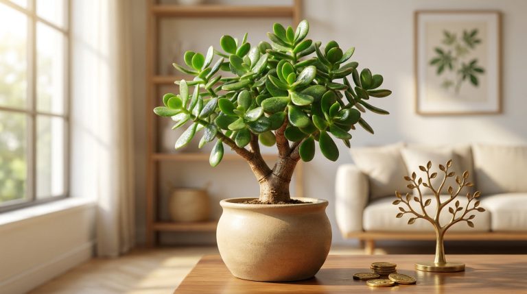 Arbre de jade luxuriant en pot sur une table en bois avec des pièces d'or et un arbre décoratif, dans un salon lumineux.