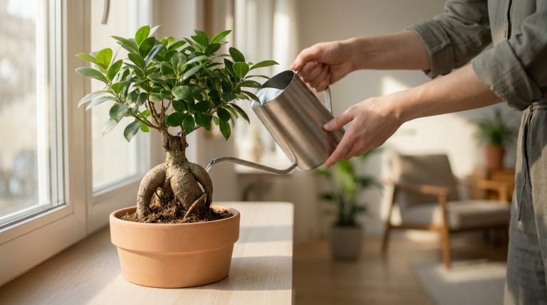 Une personne arrose un ficus bonsaï en pot de terre cuite avec un arrosoir métallique, près d'une fenêtre baignée de lumière naturelle.