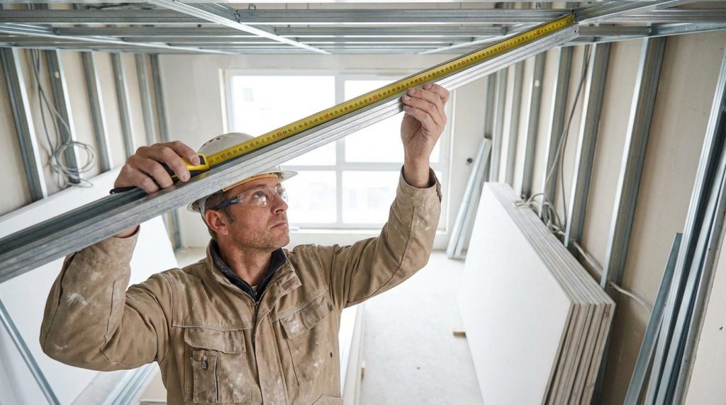 Homme mesurant la structure métallique d'un faux plafond avec un mètre ruban, préparant l'installation de plaques de placo.