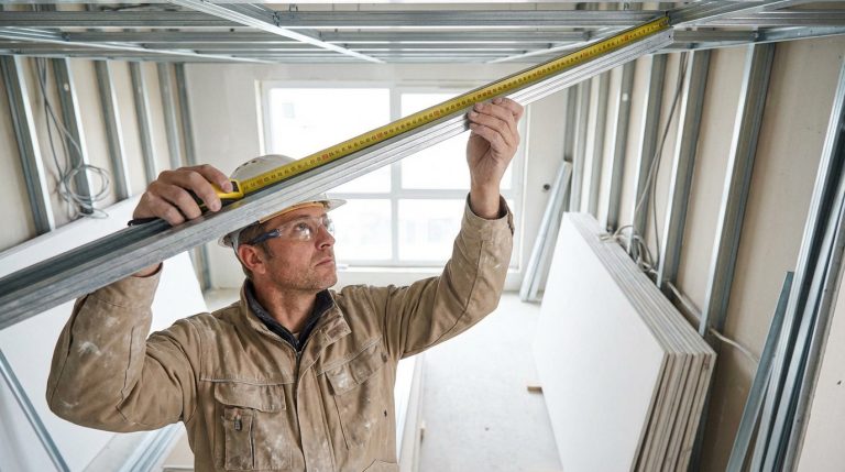 Homme mesurant la structure métallique d'un faux plafond avec un mètre ruban, préparant l'installation de plaques de placo.