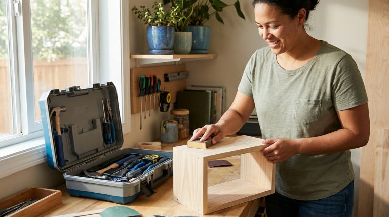 Femme souriante ponçant un projet en bois avec du papier de verre dans un atelier lumineux, outils à portée.