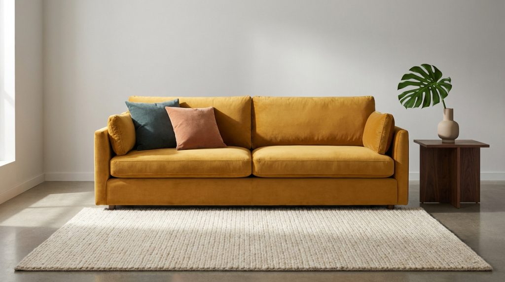 Canapé jaune moutarde moderne avec coussins bleu-vert et rose, tapis clair, table d'appoint en bois et plante verte.