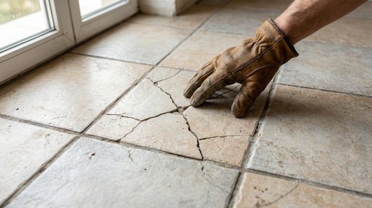 Main gantée inspectant un carrelage de sol clair sévèrement fissuré, avec une fenêtre en arrière-plan.