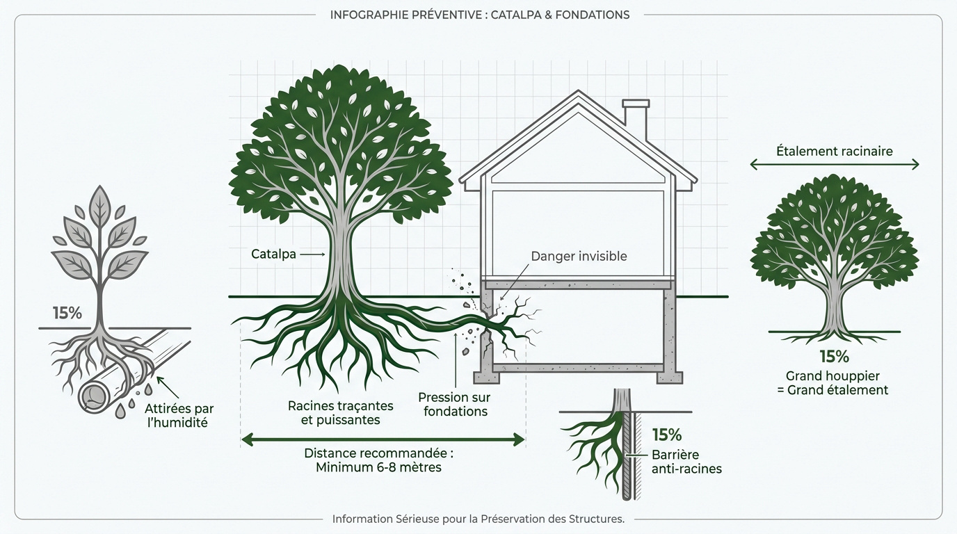 Racines de catalpa menaçant les fondations d'une maison