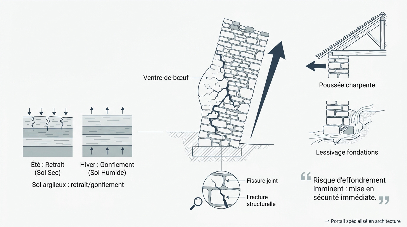 Schéma expliquant les causes d'instabilité et de fissuration d'un mur ancien en pierre