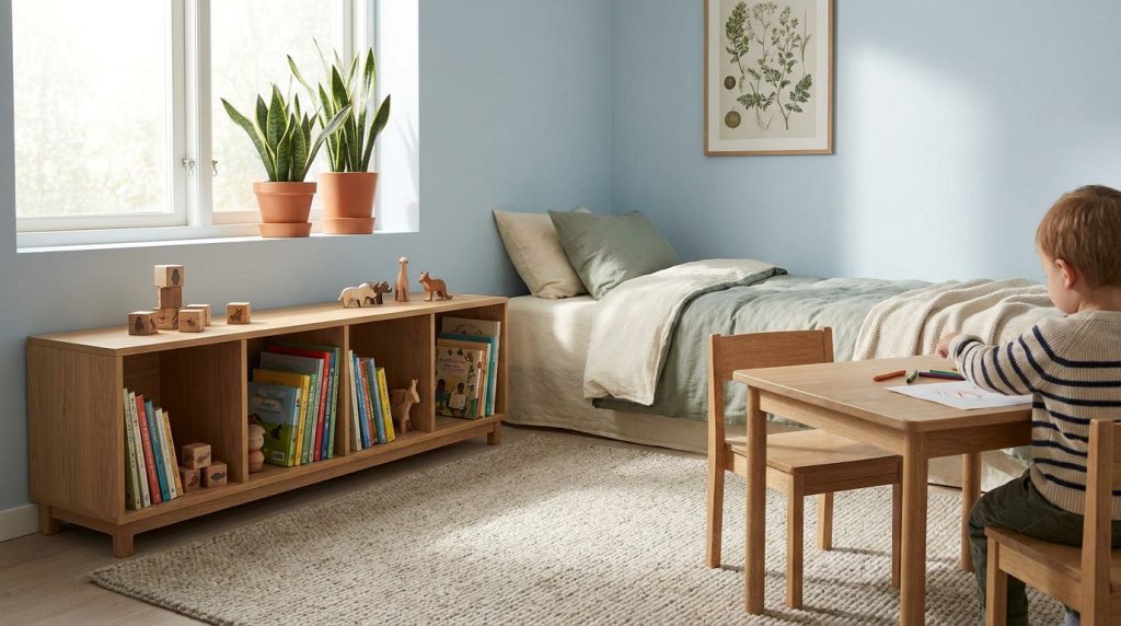 Chambre d'enfant lumineuse avec un enfant dessinant à une table en bois. Lit, étagère de livres, plantes et murs bleus pour un cocon sain.