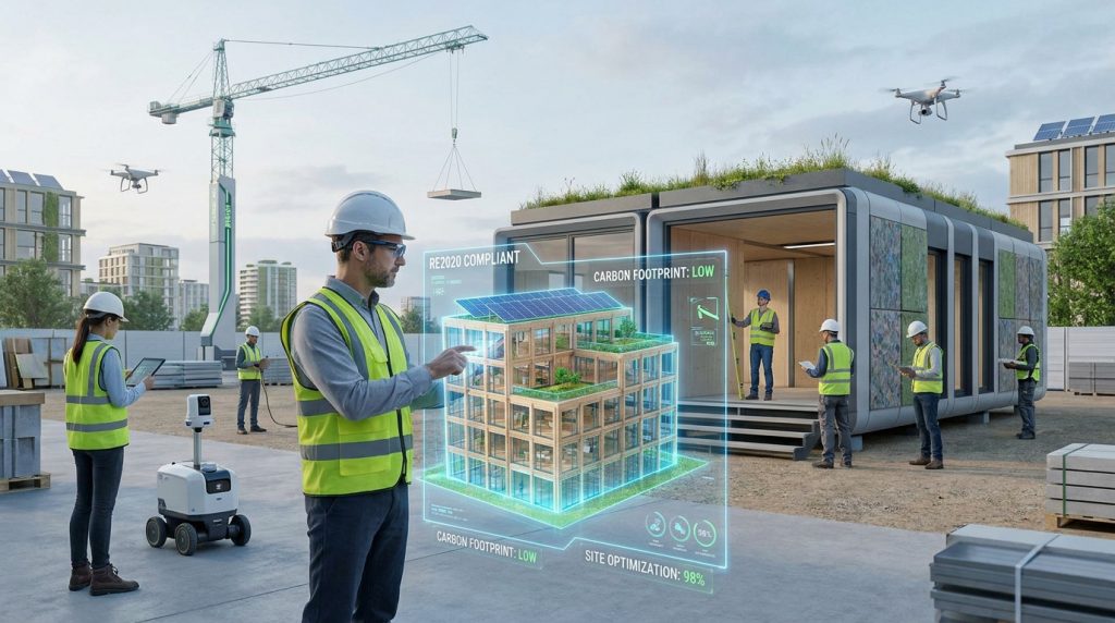 Un ingénieur consulte un hologramme d'immeuble écologique sur un chantier moderne avec drones, robot et construction modulaire.