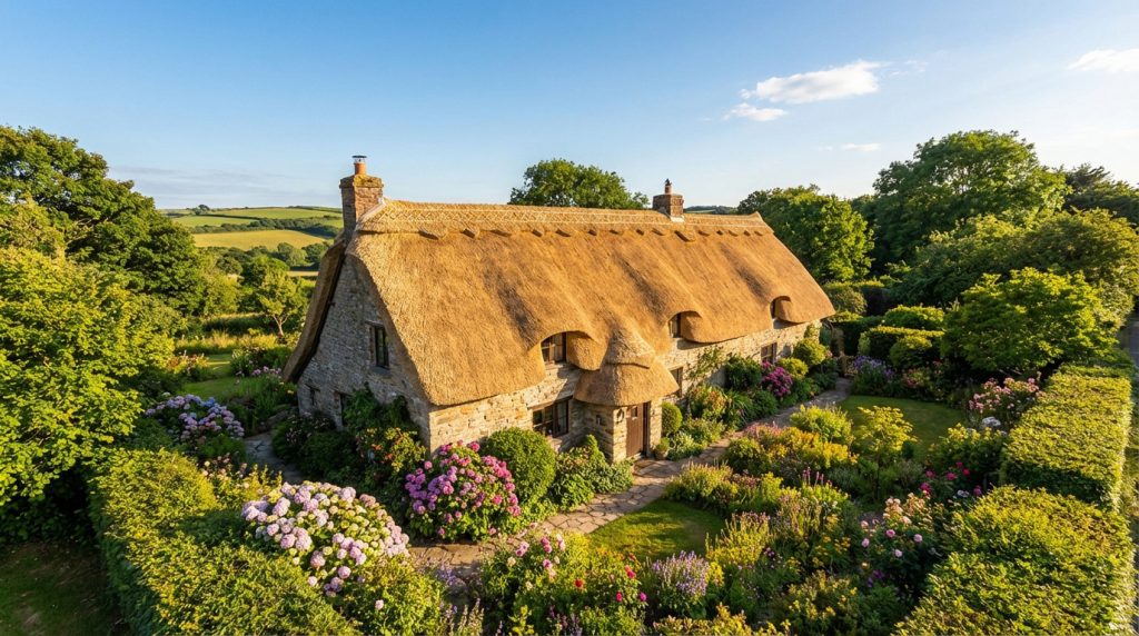 Charmante chaumière en pierre avec toit de chaume doré, jardin fleuri et chemin de pierre sous un ciel bleu lumineux.