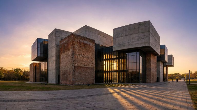 Bâtiment de Herzog & de Meuron, mélange de blocs de béton, murs de brique et façades de verre, sous un ciel orangé au crépuscule.