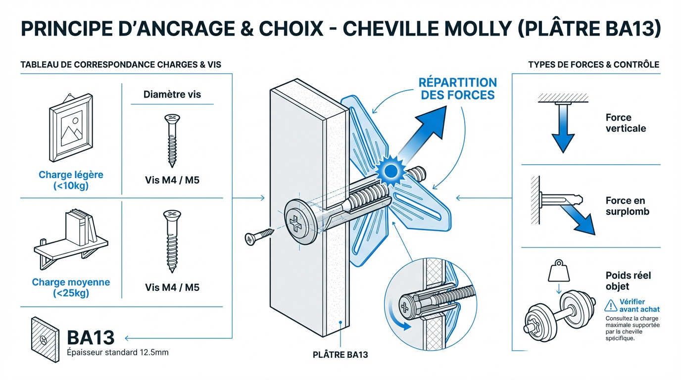 Schéma d'expansion d'une cheville Molly dans une plaque de plâtre BA13