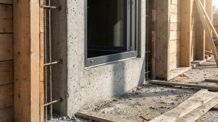 Vue rapprochée d'un jambage de fenêtre en béton avec ferraillage apparent, encadrant une menuiserie grise sur un chantier de construction ensoleillé.