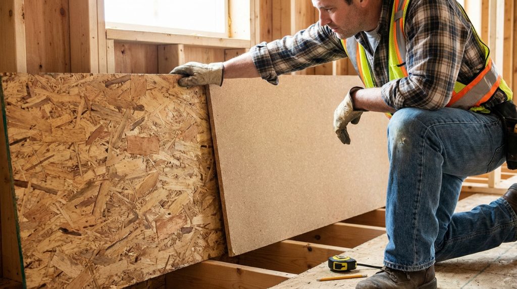 Un ouvrier installe des panneaux de plancher OSB et aggloméré, comparant les matériaux pour la sous-couche.