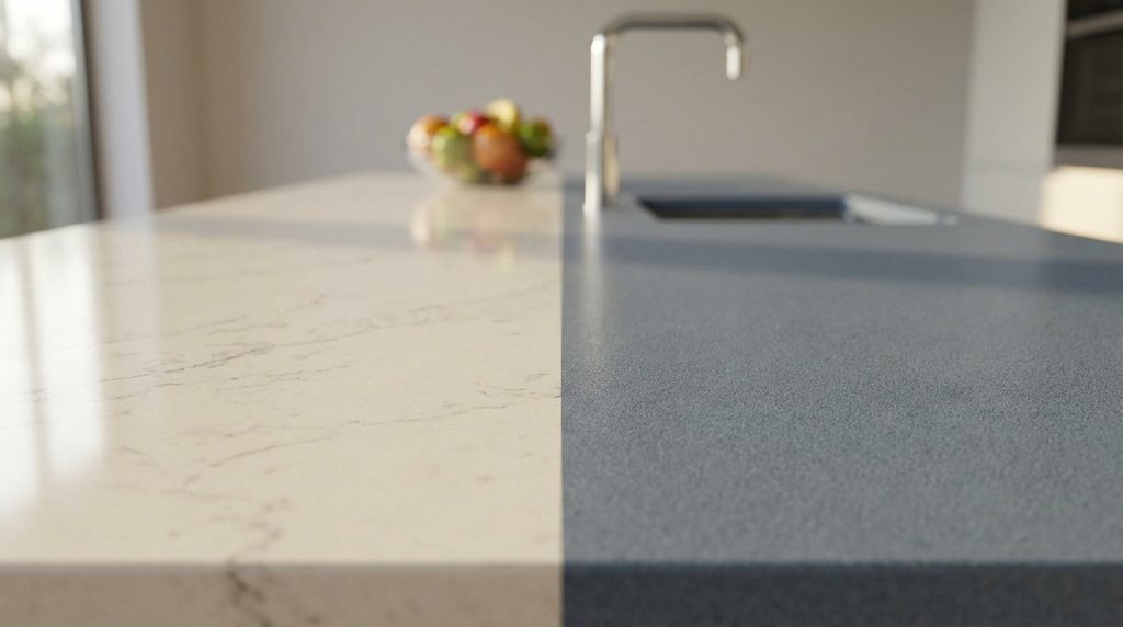 Image comparative de deux plans de travail : blanc veiné brillant (type Silestone) et gris foncé mat texturé (type Dekton).