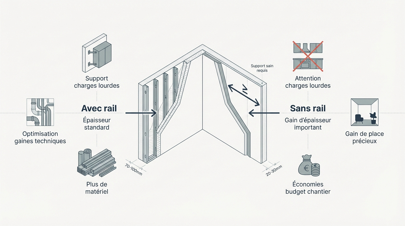 Comparatif entre un coffrage avec ossature métallique et un coffrage placo collé sans rail