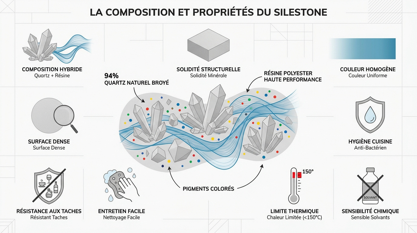 Composition technique du Silestone mélangeant quartz naturel et résines polyester