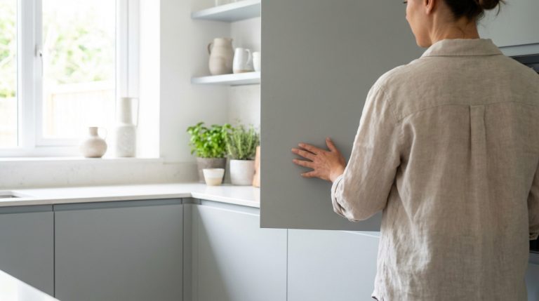 Femme en chemise lin beige touchant une porte de cuisine grise mate. Cuisine moderne, lumineuse, avec étagères et plantes.