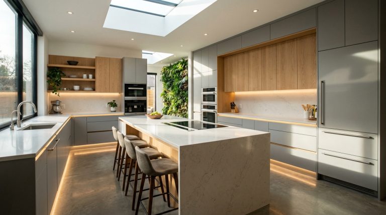 Cuisine moderne avec îlot central, comptoirs en marbre, armoires grises et en bois, éclairage LED, grand mur végétal et puits de lumière.