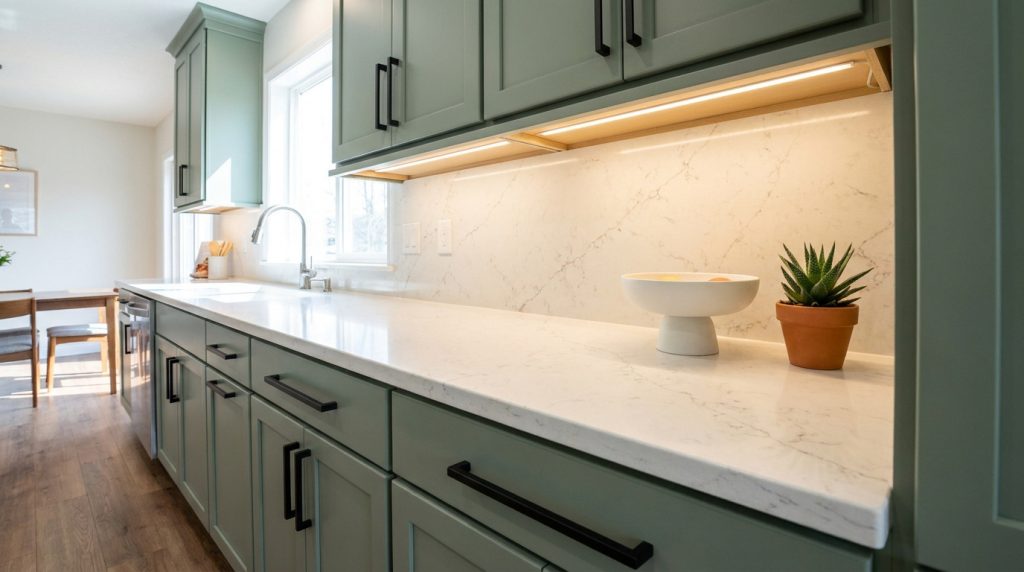 Une cuisine moderne avec des armoires vert sauge, des poignées noires, des comptoirs en quartz blanc et un éclairage sous armoire.