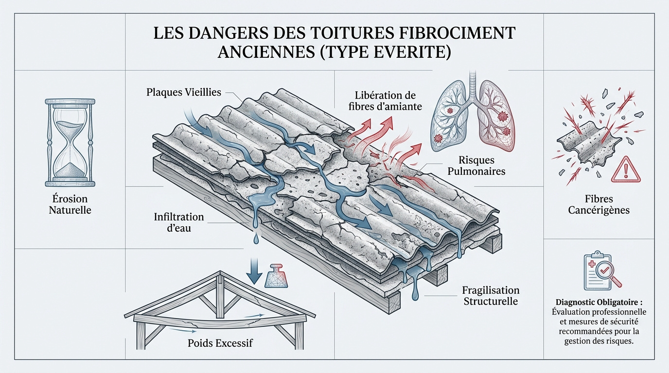 Dangers des fibres d'amiante s'échappant d'une toiture en fibrociment dégradée