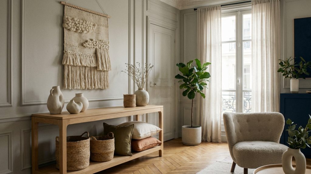 Salon lumineux avec console en bois, tenture murale en laine, plantes et fauteuil bouclette, style parisien épuré.
