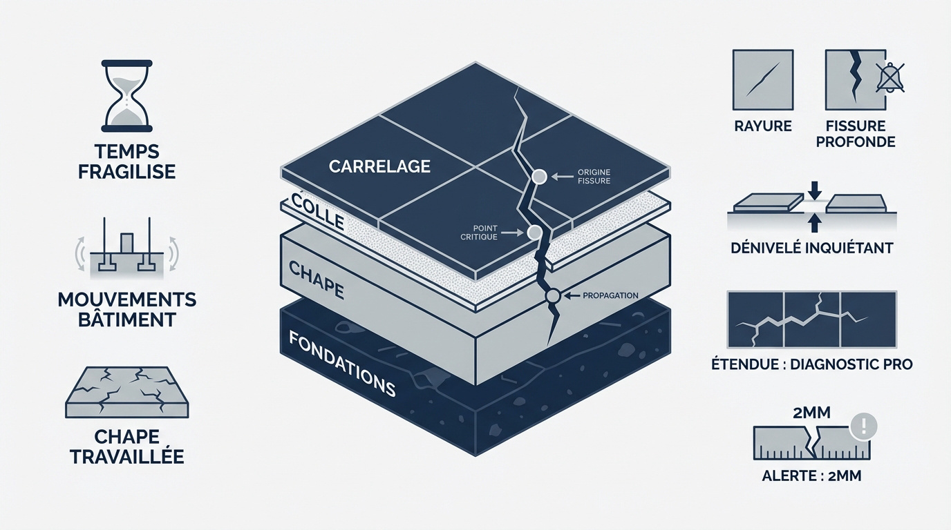 Analyse visuelle des fissures sur un carrelage ancien montrant les signes de fatigue des matériaux