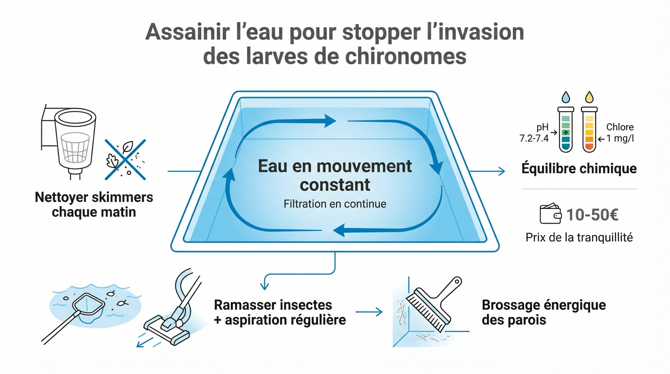 Nettoyage et entretien d'une piscine pour éliminer les larves de chironomes