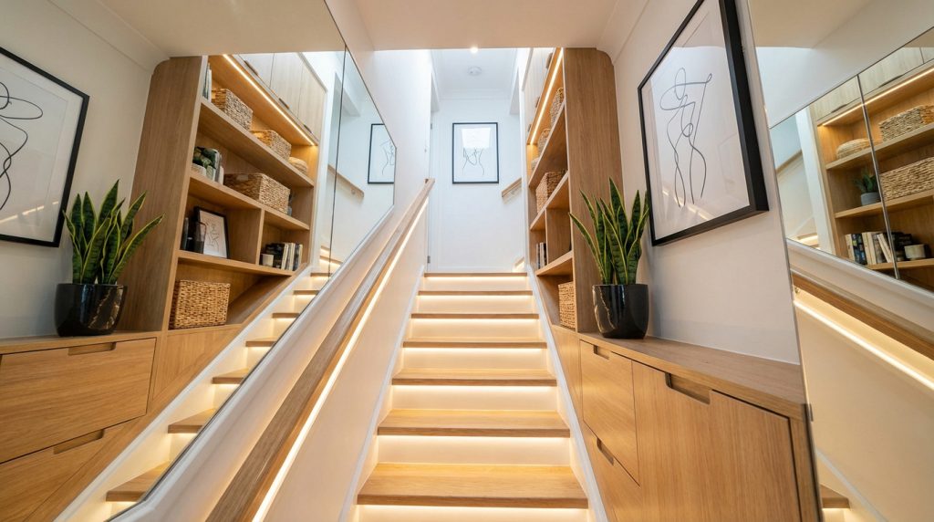 Design contemporain de cage d'escalier avec marches lumineuses, étagères en bois, miroirs agrandissant l'espace et plantes.