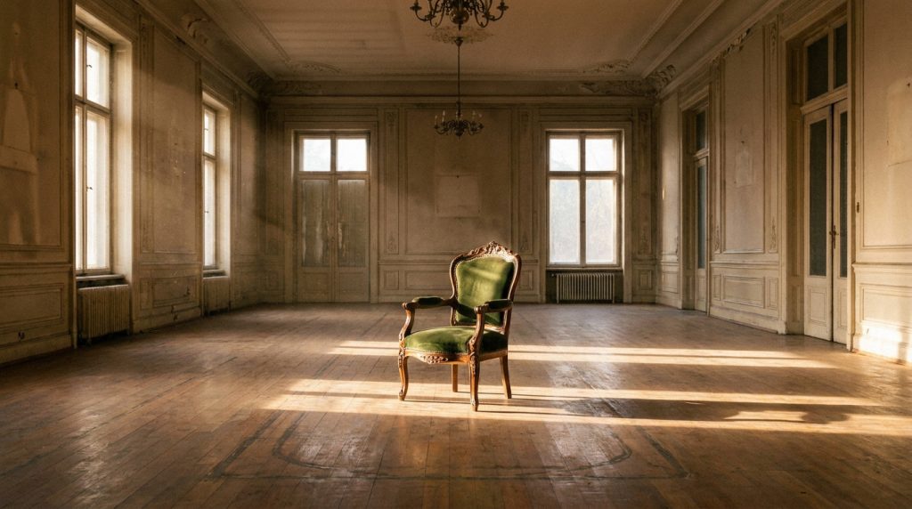 Une pièce ancienne vide et poussiéreuse avec un fauteuil en velours vert au centre. Lumière du soleil et ombres portées sur le plancher.