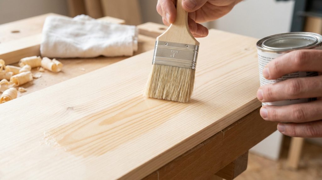 Gros plan sur une main appliquant au pinceau une couche de protection transparente sur une planche de bois brut clair. Canette visible.