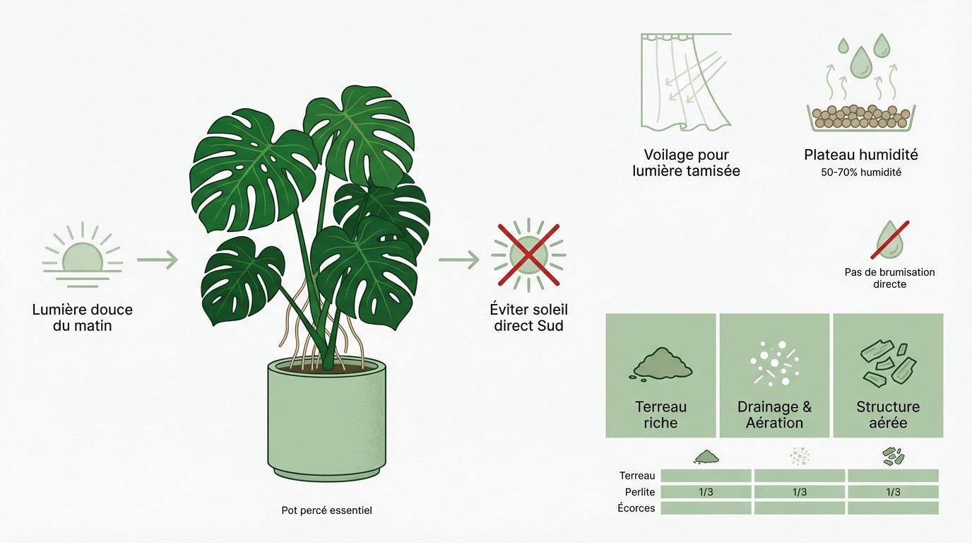 Plante Ceriman Monstera deliciosa dans un intérieur lumineux
