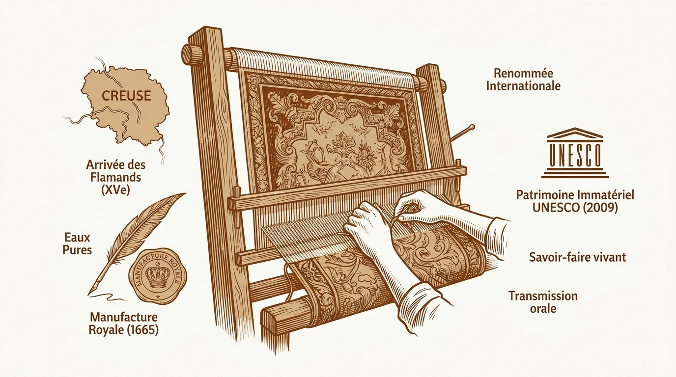 Gravure historique illustrant le travail des lissiers dans les ateliers de la tapisserie d'Aubusson