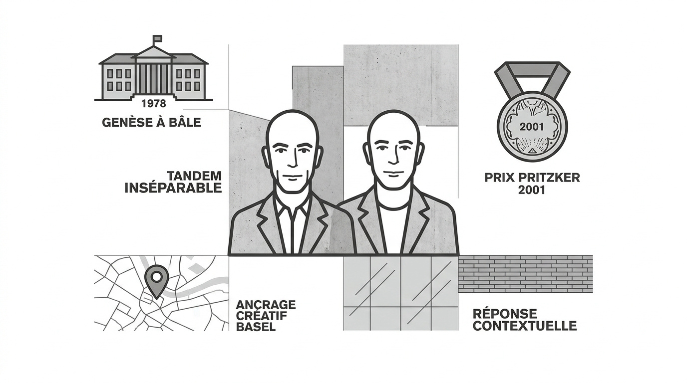 Portrait des architectes Jacques Herzog et Pierre de Meuron devant leur agence à Bâle