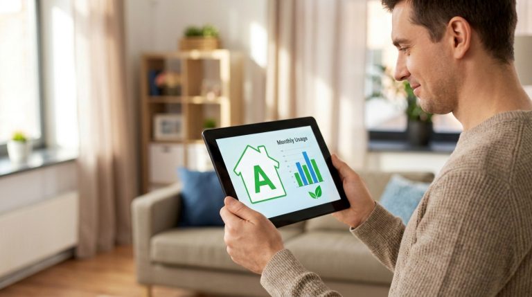 Un homme regarde une tablette affichant une icône de maison avec la lettre A, un graphique d'usage mensuel et une feuille verte.
