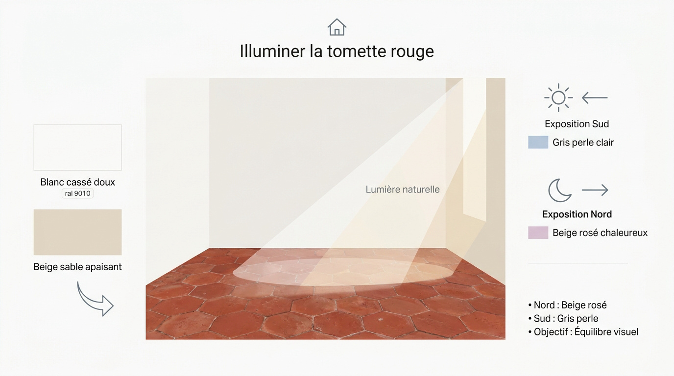 Salon avec sol en tomettes rouges et murs blancs cassés lumineux