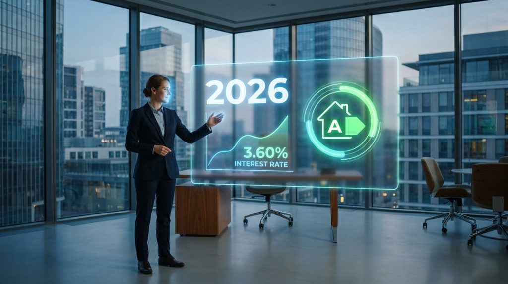 Professionnelle interagissant avec un écran holographique affichant les tendances immobilières 2026, taux et DPE A.