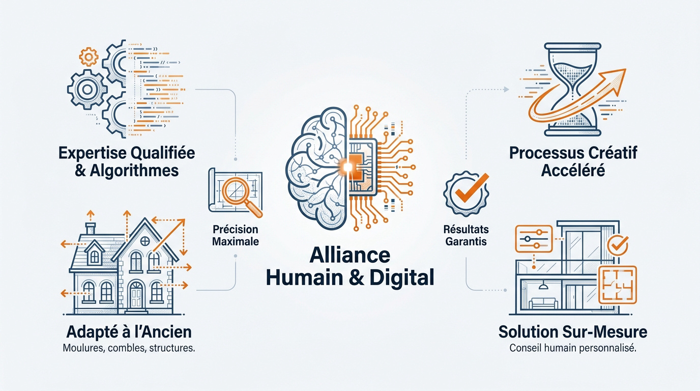 Infographie montrant la synergie entre l'architecte d'intérieur et les outils numériques de conception