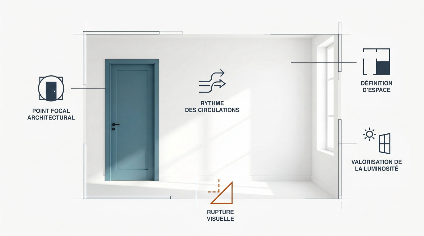Infographie montrant l'impact de la couleur des portes sur la circulation et la lumière dans un intérieur blanc