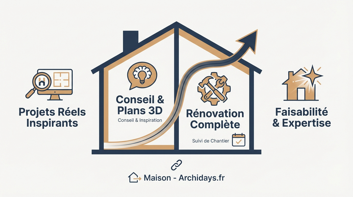 Infographie détaillant les étapes du conseil en rénovation et l'expertise en aménagement de maison