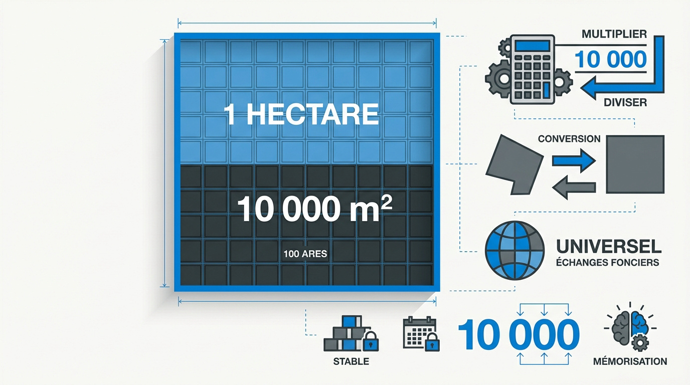 Infographie explicative de la conversion d'un hectare en mètres carrés montrant l'équivalence de 10 000 m2