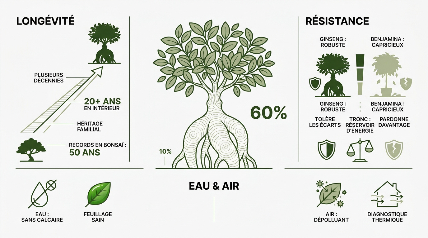 Infographie sur la longévité et les soins du Ficus Ginseng